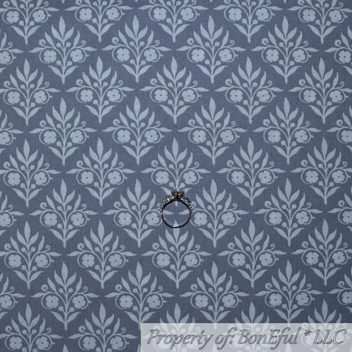 Cotton Fabric HY Gray White Emma Mila Sweet Scroll Damask