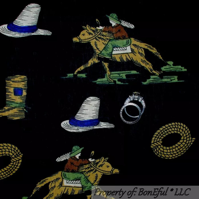 Cotton Fabric BTY Black Cowboy Rodeo Horse Lasso Rope Hat Boots