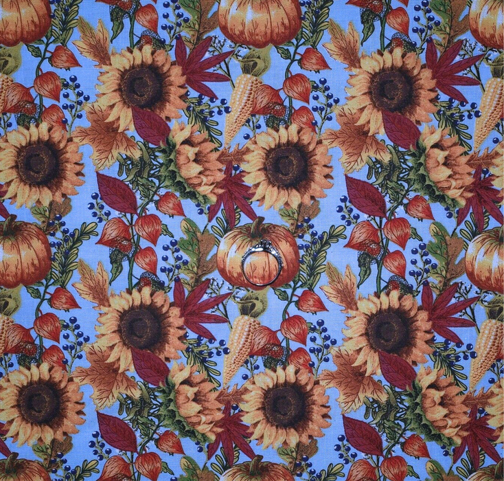Cotton Fabric BTY Blue Yellow Sunflower Acorn Fall Leaf Pumpkin