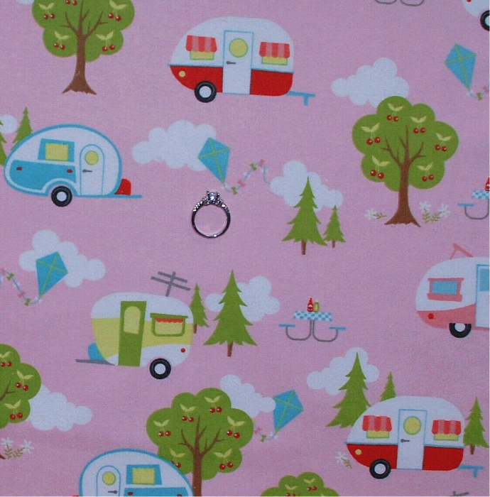 Flannel Fabric BTY Pink Retro RV Camper Camp Site Scenic Tree
