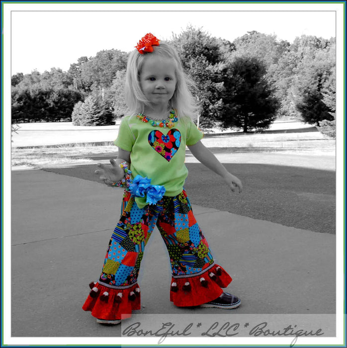Boutique Girls Size 4/5 Patchwork Fall Ruffle Pants & Top Outfit 3 Piece Set