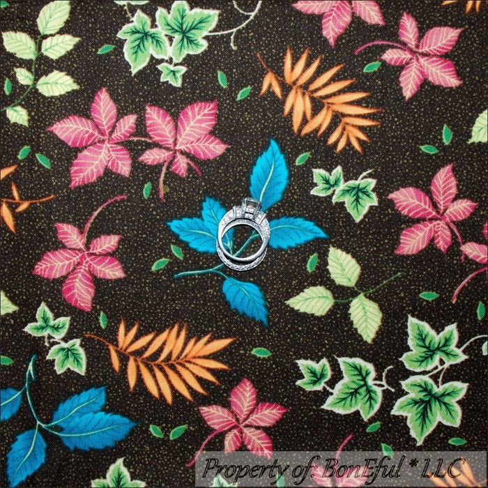 Cotton Fabric BTY Brown Flower Garden Ivy Leaf Green Pink Blue