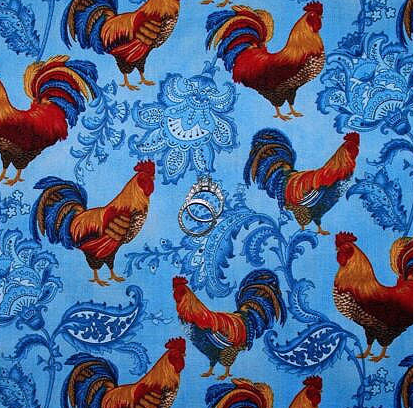 Cotton Fabric BTY Chicken Rooster Bird Farm Animal Blue Flower