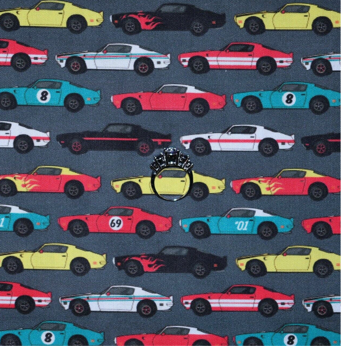 Cotton Fabric BTY Gray Black Red Color Old VTG Sport CAR Boy Stripe