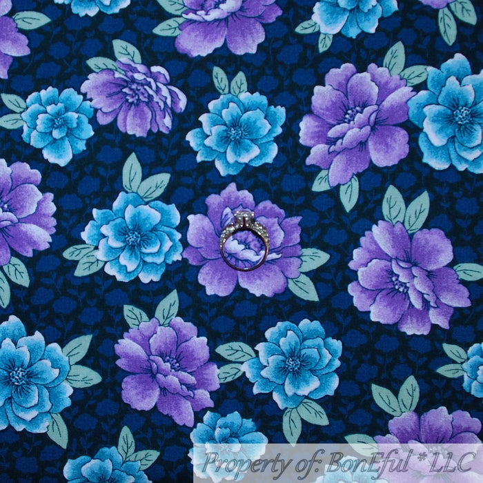 Cotton Fabric BTY Navy Blue Purple Flower Spring Summer Print
