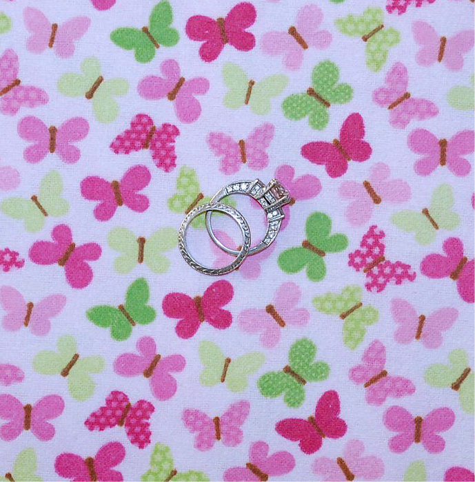 Flannel Fabric BTY White Pink Butterfly Calico Breast Cancer