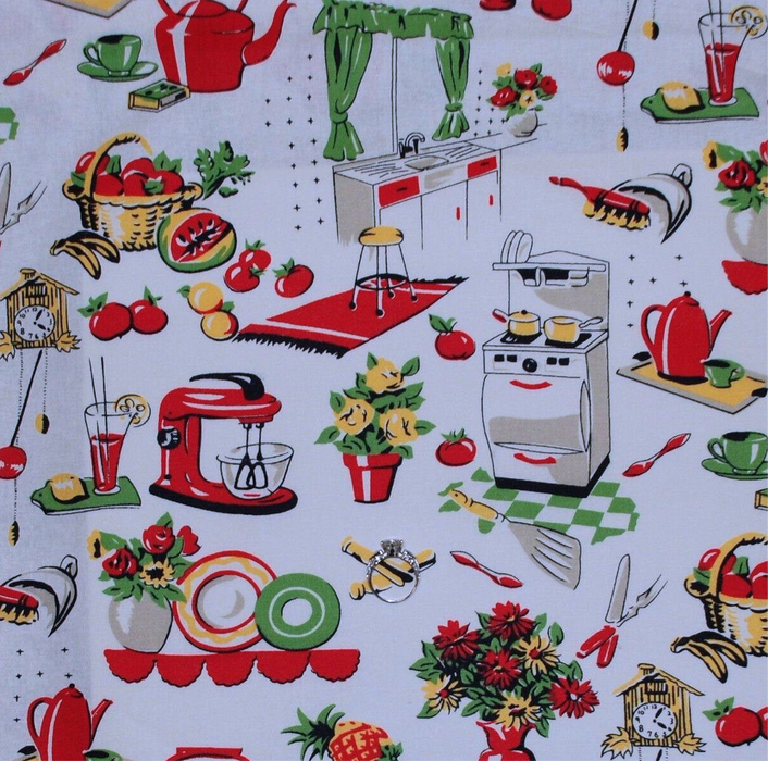 Cotton Fabric BTY Kitchen Antique Estate Vintage Retro Scenic Food Drink