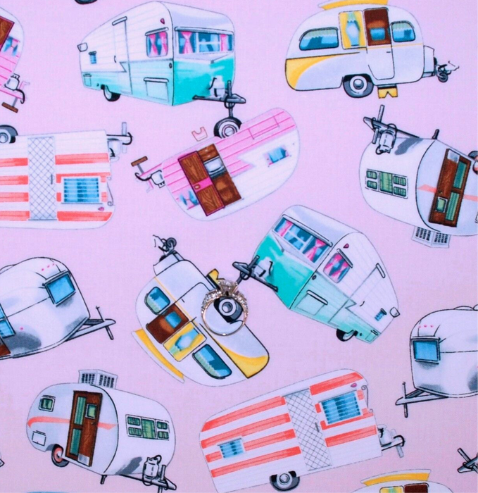 Cotton Fabric BTY Camper Wheel Trailer Pink Travel Girl Camp