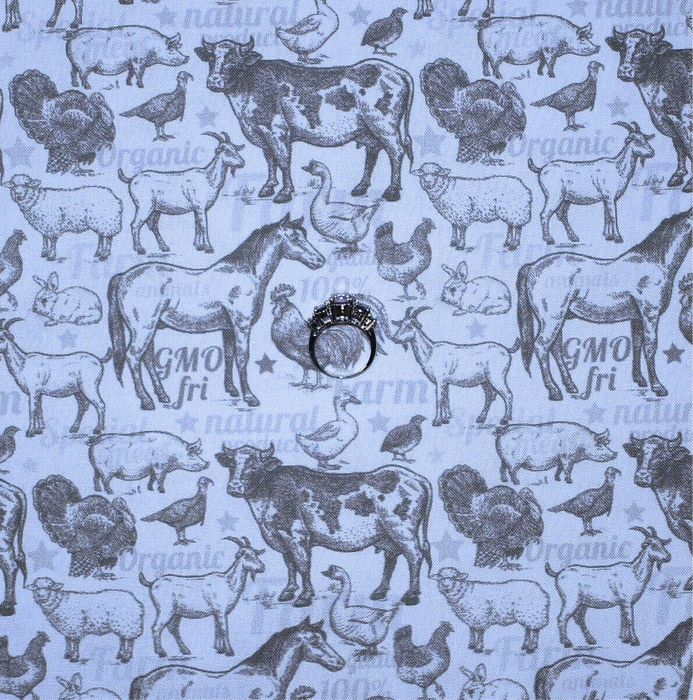 Cotton Fabric BTY White Farm Animal Brown Horse Chicken Goat