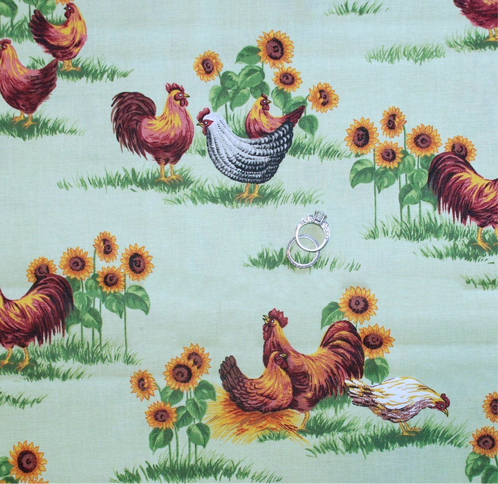 Cotton Fabric BTY Green Grass Red Rooster Yellow Sunflower Chicken Scenic