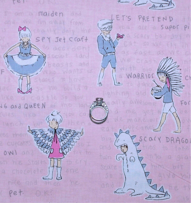 Cotton Fabric BTY Pink White Gray Princess Girl Owl Word Dragon