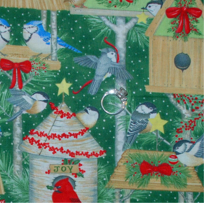 Cotton Fabric BTY Green Red Christmas Tree Bird House Snow Birds