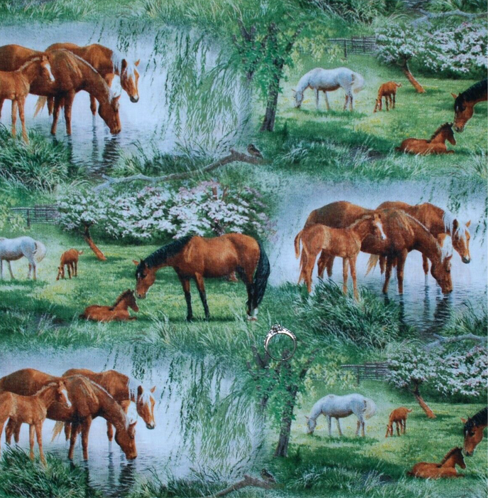 Cotton Fabric BTY Animal Horse Farm Pasture Scenic Meadow