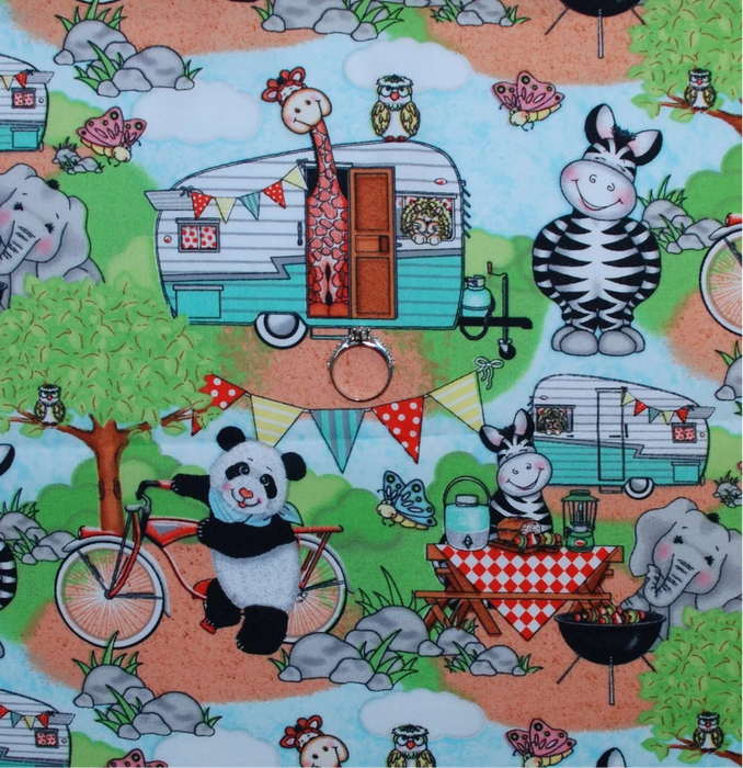 Cotton Fabric BTY Green Blue Sky Scenic Animal Baby Kid Print Camp