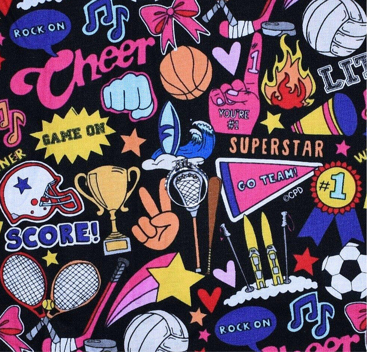 Cotton Fabric BTY Black Rainbow Girl Cheer Bow Sport Volleyball Kid