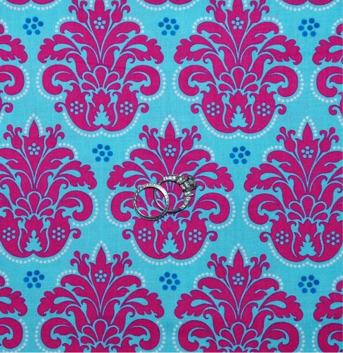 Cotton Fabric BTY Blue Teal Aqua Hot Pink Flower Damask White Dot