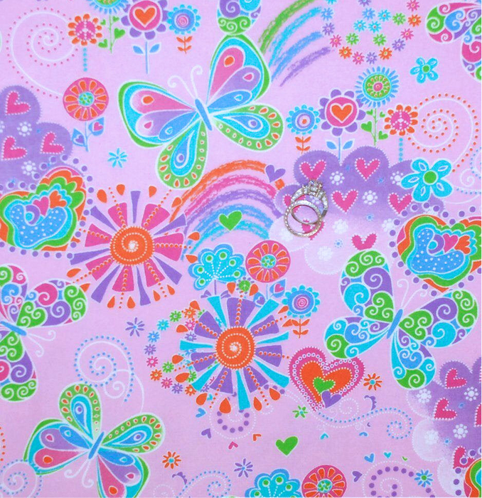 Flannel Fabric BTY Pink Rainbow Butterfly Flower Garden