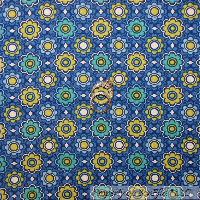 Cotton Fabric BTY Blue Aqua Green White Small Calico Flower Print