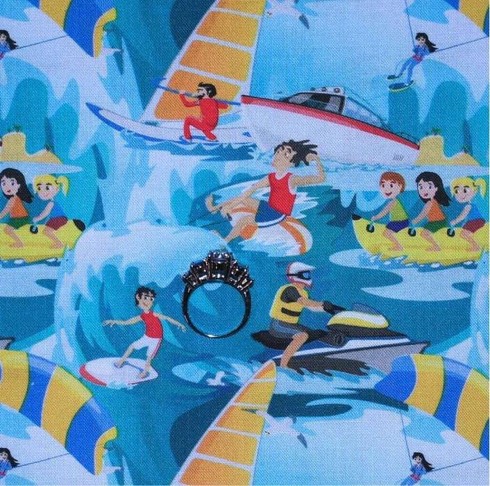 Cotton Fabric BTY Blue Water Sports Ocean Beach Boat Surf Board Kid