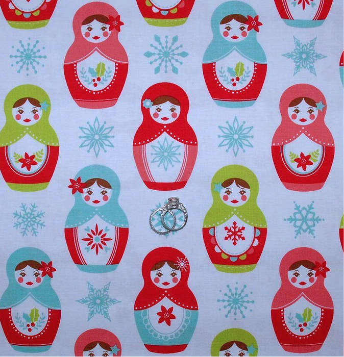 Cotton Fabric BTY White Matryoshka Russian Nesting Doll Snowflake