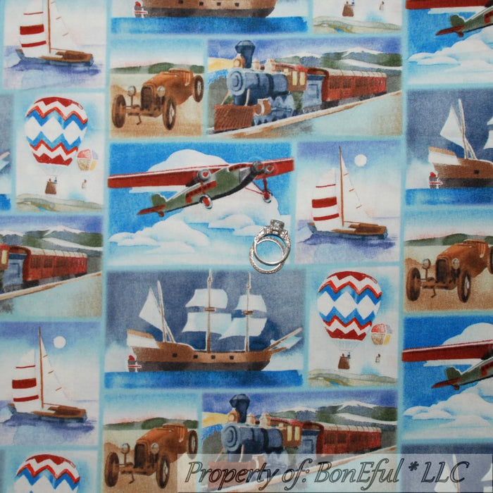 Cotton Fabric HY Blue Vintage Car Airplane Boat Train Hot Air Balloon Block Scene