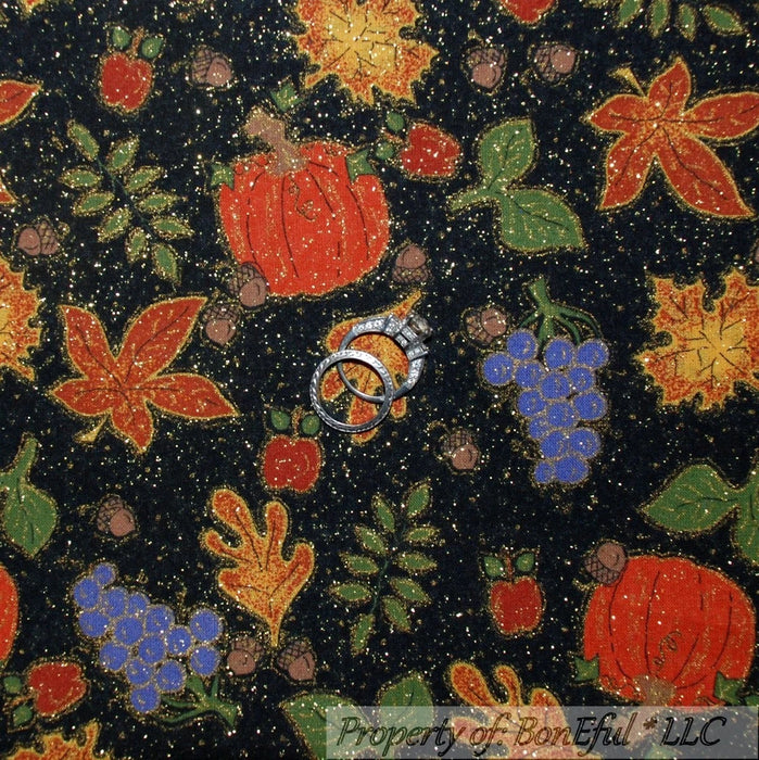 Cotton Fabric BTY Black Fall Color Glitter Sparkle Leaf Autumn Harvest