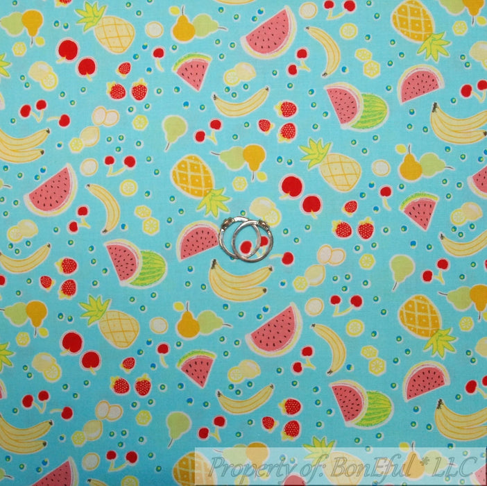 Cotton Fabric BTY Blue Fruit Berry Lemon Pineapple Banana Cherry Food
