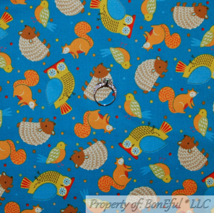 Cotton Fabric BTY Blue Bird Woodland Animal Owl Hedgehog Squirrel Fall