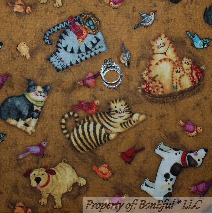 Cotton Fabric Piece 1.75 YDS Brown Kitty Cat Dog Puppy Country Farm Bird