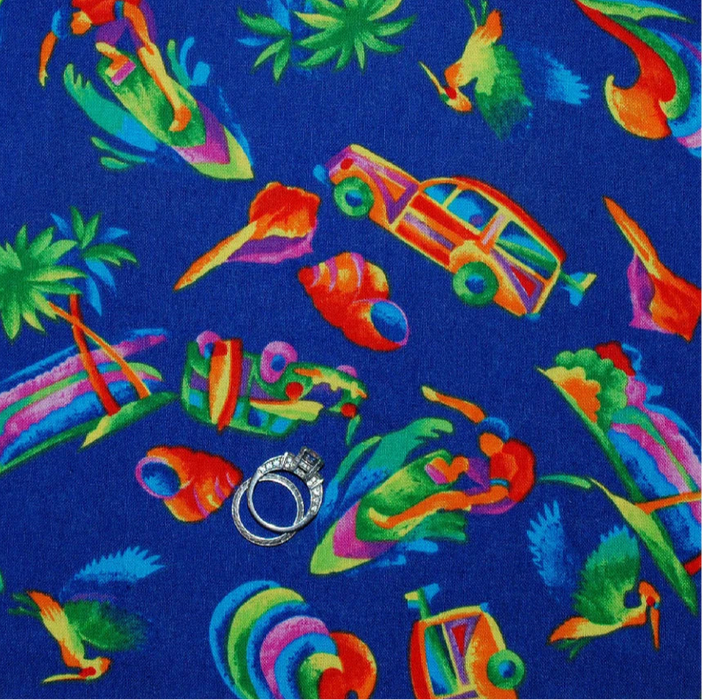 Cotton Fabric HY Blue Rainbow Tropical Island Car Surf Palm Tree