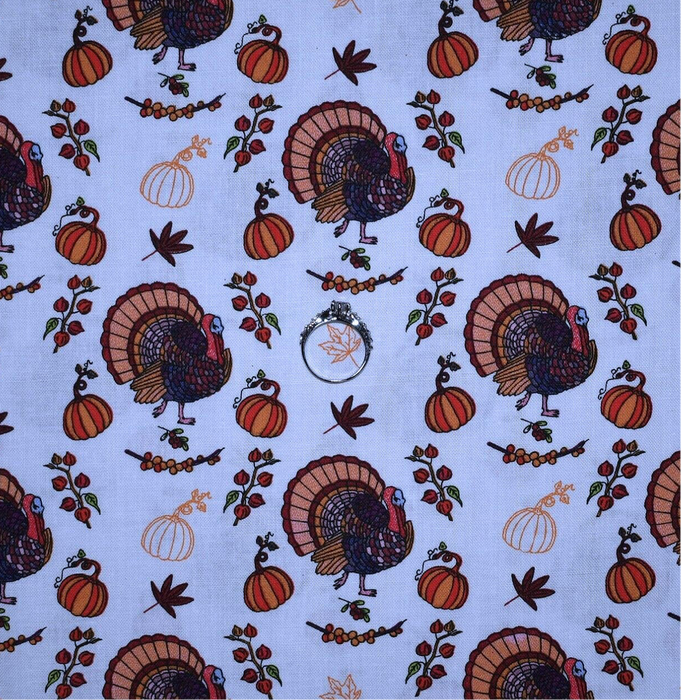 Cotton Fabric BTY White Brown Turkey Bird Pumpkin Pie Holiday Thanksgiving