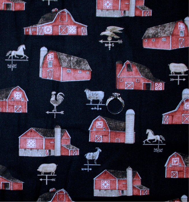 Cotton Fabric BTY Black Red Barn Farm Scenic Horse Pig Rooster Cow