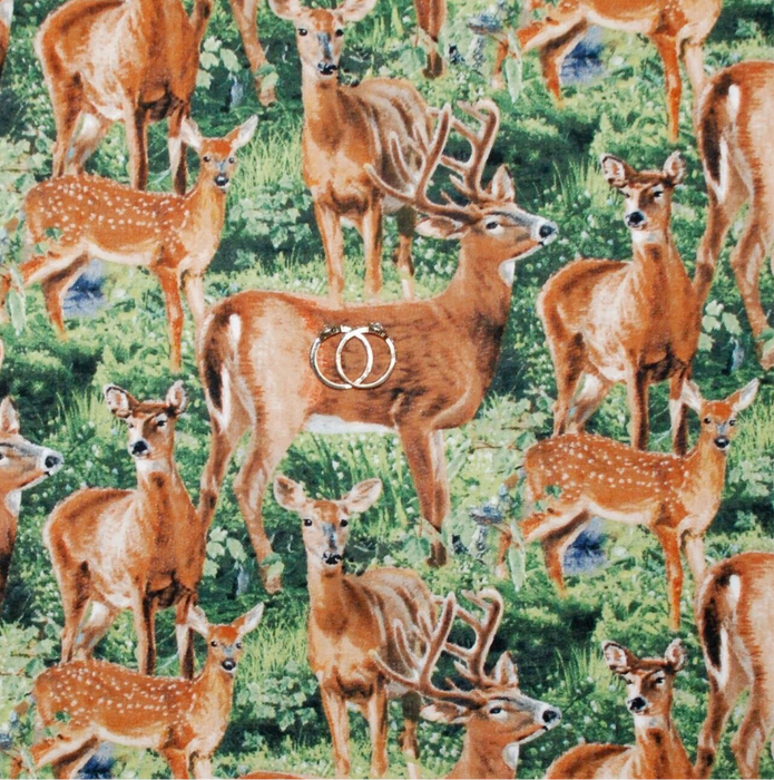 Cotton Fabric BTY Green Grass Spring Hunt Tree Deer Scenic Buck Doe