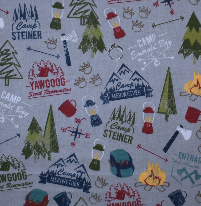 Flannel Fabric BTY Gray Green Tree Camp Fire Mountain Scenic
