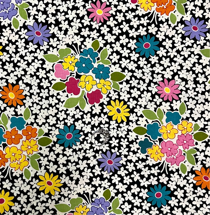 Cotton Fabric BTY Black White B&W Rainbow Flower Bouquet Print