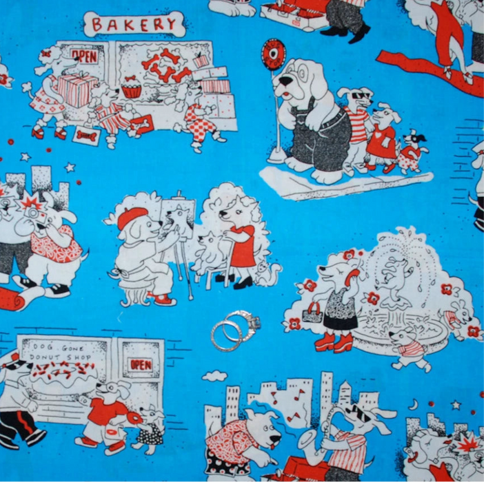 Cotton Fabric BTY Blue Red White Dog Scene Bakery City Life