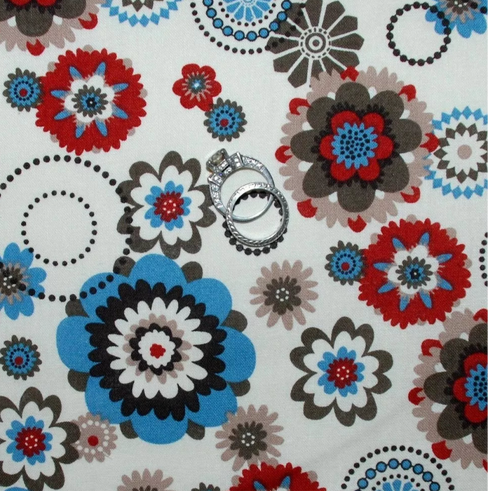 Cotton Fabric BTY Cream Red Blue Brown American Flower Dot Print