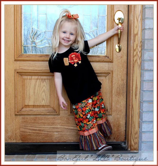 Boutique Girls Outfit Size 4 4T Thanksgiving Ruffle Capri Pants Turkey Applique Top