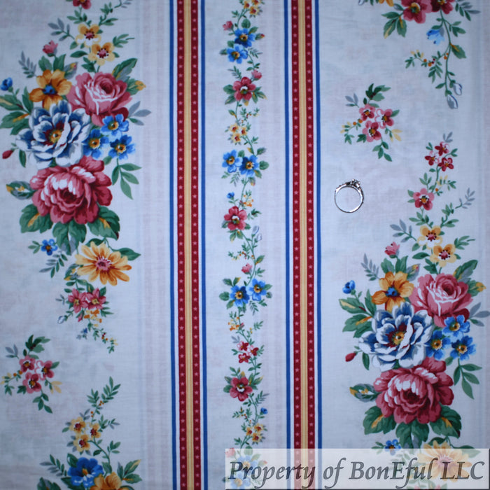 Cotton Fabric BTY Cream Neutral Pink Red Rose Flower Bouquet Stripe