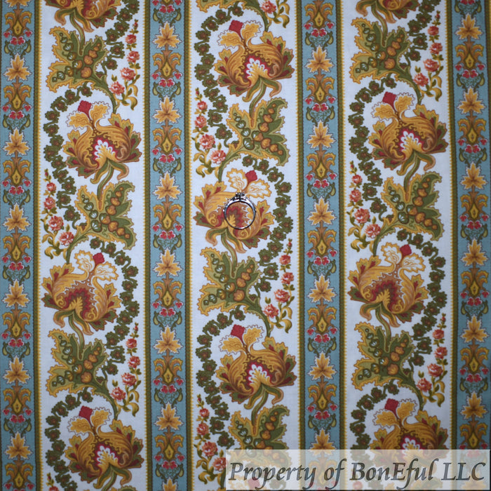 Cotton Fabric BTY Ivory Neutral Gold Rose Garland Flower Damask Stripe
