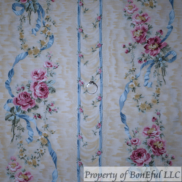 Cotton Fabric BTY Pink Rose Flower Blue Ribbon Stripe