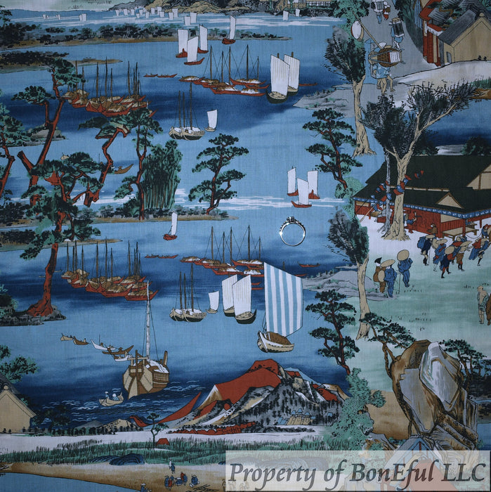 Cotton Fabric BTY Blue Sea Scenic International Asian Culture