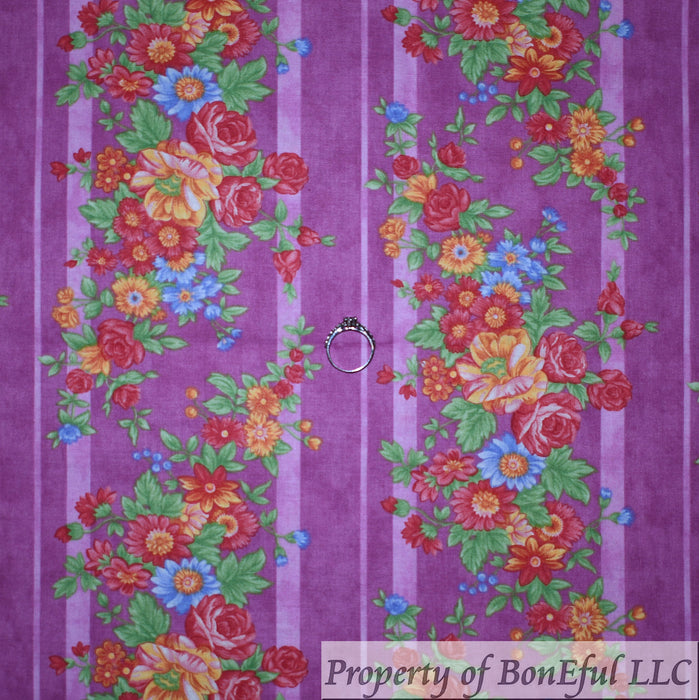 Cotton Fabric BTY Purple Pink Red Rose Flower Garden Bouquet Stripe