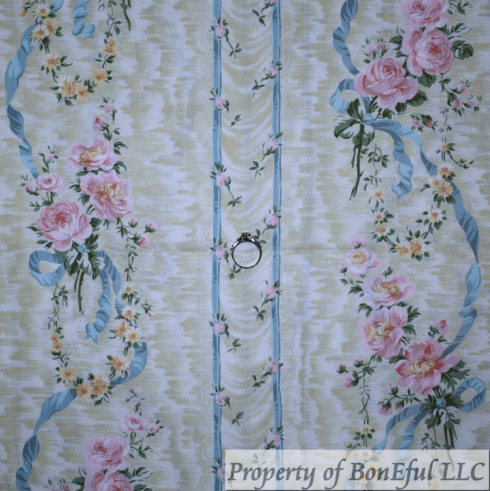 Cotton Fabric BTY Light Pink Rose Flower Blue Ribbon Stripe