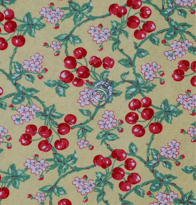 Decorator Cotton Fabric BTY Yellow White Green Leaf Red CHERRY TREE Flower VT