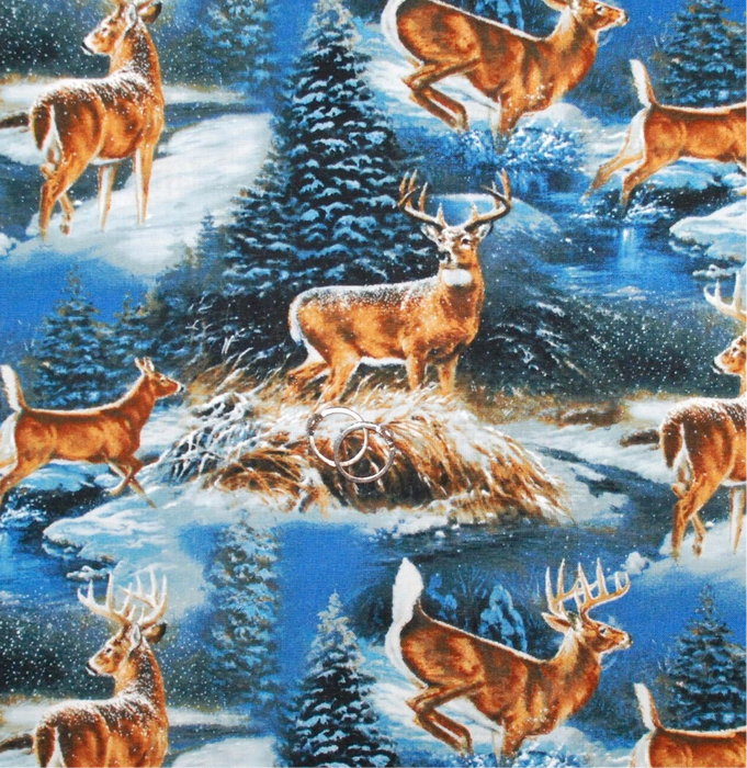 Cotton Fabric BTY Blue Sky Winter Forest Tree Holiday Scene Brown Deer Hunt