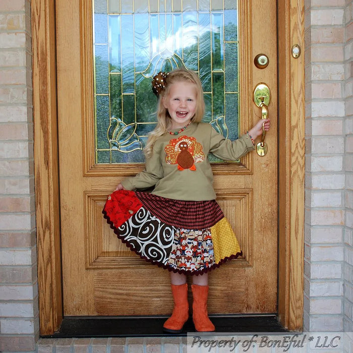 Boutique Girls Size 3/4 Thanksgiving Twirl Skirt & Turkey Applique L/S Top Shirt Bow
