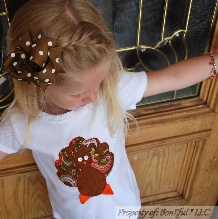 Boutique Girl Size 5/6 White Turkey Thanksgiving Fall S/S Top Shirt & Bow