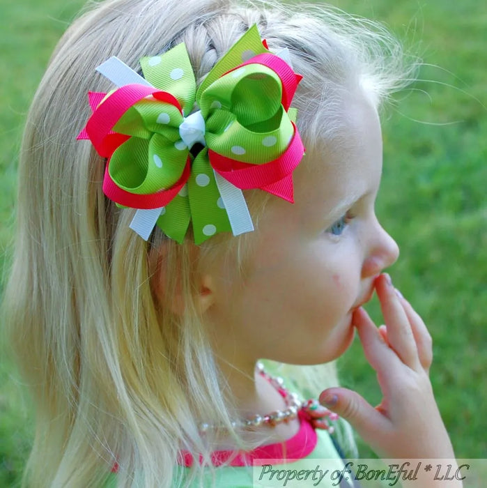 Bow 4" Girls Hair Accessory Green Pink & White Polka Dot Solid Ribbon