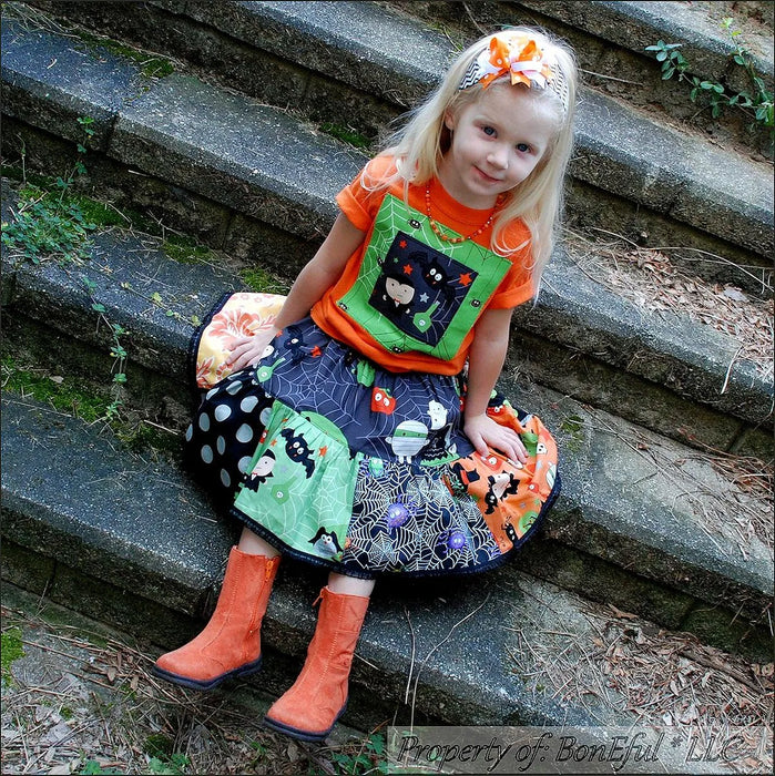 Boutique Girls Size 3T Halloween Twirl Skirt Applique Top T-Shirt Bow